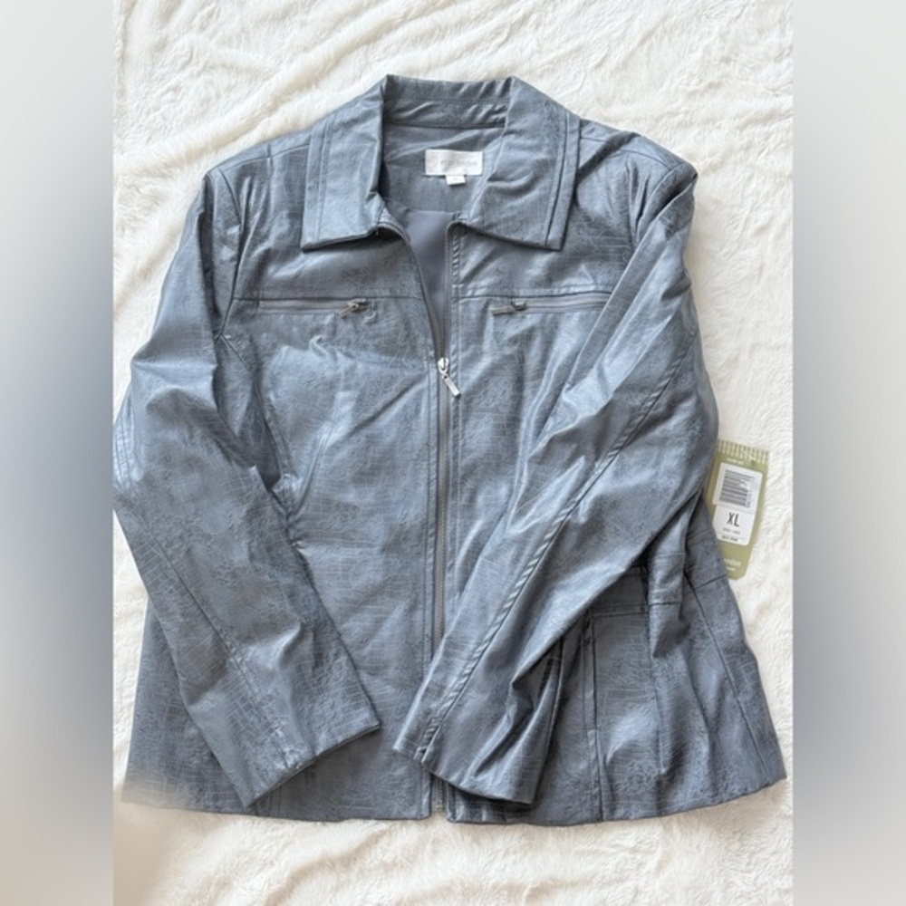 Erin London Faux Leather Blue "back down" Jacket  Women's XL - Vintage NEW EG